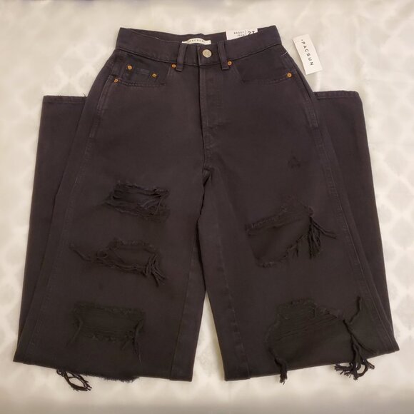 NWT PacSun Eco Black Baggy Distressed Button-Fly Wide Leg Denim Jeans - 23 - Picture 4 of 12